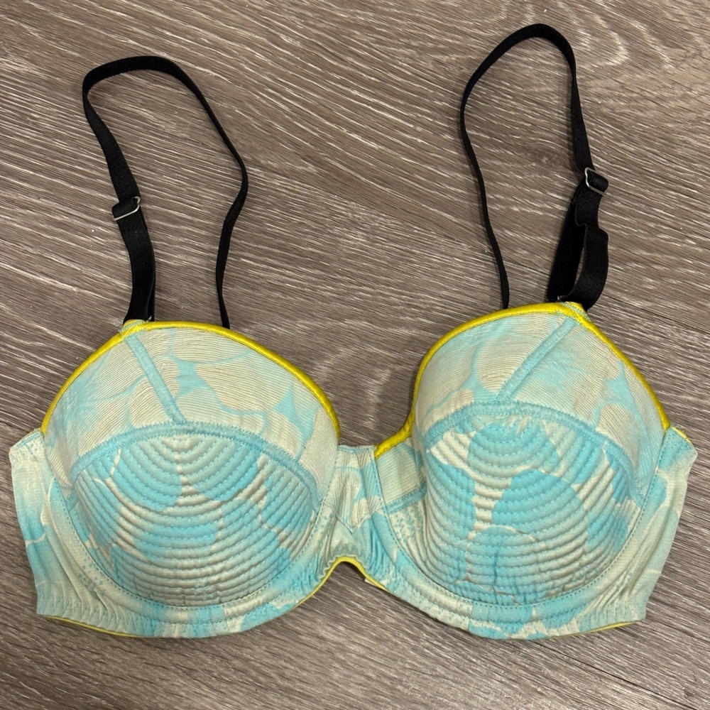 Fleur du Mal Silk Quilted Shell Bra Aqua Blue Yellow Floral Underwire 32C Luxury